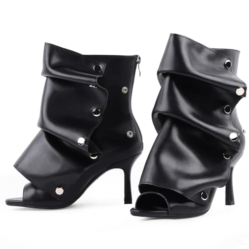 Open Toe Ankle Boots, Black Stiletto High Heels Slouchy Summer Boots Fold Over Slouch Shark Peep Toe Booties for Office Party,