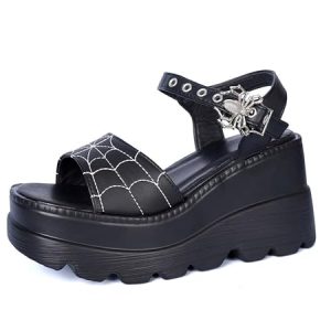 women black platform sandals goth chunky wedge heel summer sandals girls gothic punk platform sandals for women metallic spider