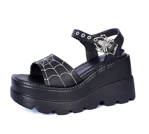 women black platform sandals goth chunky wedge heel summer sandals girls gothic punk platform sandals for women metallic spider