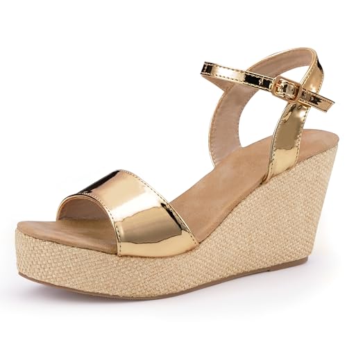 Ankle Strap Espadrille Platform Wedge Sandals for Women, Open Toe Wedge Heels for Women Dressy, Black/Gold