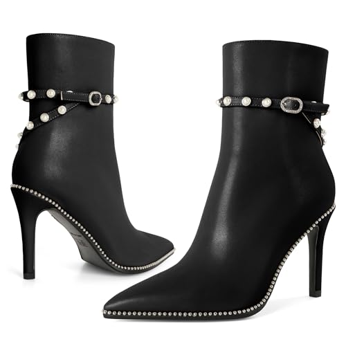 Women Ankle Boots Short Bootie Close Pointed Toe Stiletto High Heel Booties Fashion Beaded Pearl Buckle Dress Shoes 4 Inch