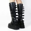 Women Platform Knee High Goth Boots Zip Round Toe Wedge Punk Mid Calf Boots Buckle Chunky High Heel Combat Boots