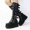 Women Platform Knee High Goth Boots Zip Round Toe Wedge Punk Mid Calf Boots Buckle Chunky High Heel Combat Boots