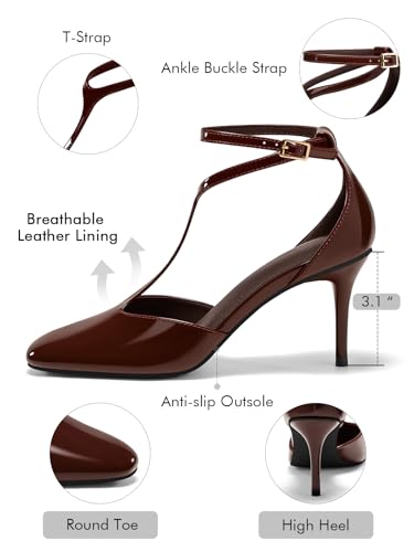 Women's Stiletto High Heels T-Strap Round Toe Ankle Buckle Strap Pumps Wedding Dress Shoes