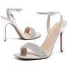 Women's Stiletto Heels, Crystal High Heels Rhinestone Silver Sandals Open Square Toe Ankle Strap Heels Strappy Dress Shoes for