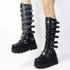 Women Platform Knee High Goth Boots Zip Round Toe Wedge Punk Mid Calf Boots Buckle Chunky High Heel Combat Boots