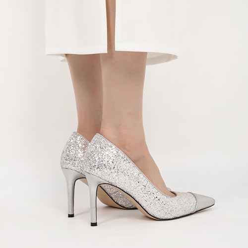 SAMMITOP Women Beaded Pumps Closed Pointed Toe High Heel Slip On Stilettos 3.5 Inch Sexy Heeled Dress Shoes Patent Leather