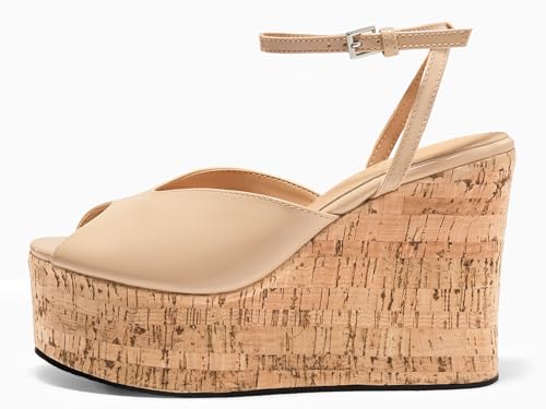 Womens Platform Wedge Sandals Cork Dressy Peep Toe Ankle Buckle Strap High Heels Summer Shoes