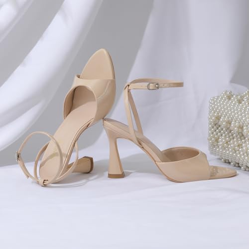 High Heels for Women Pointed Open Toe Strappy Chunky Block Heels Ankle Strap Stiletto Kitten Heeled Sandals Wedding Bridal Party