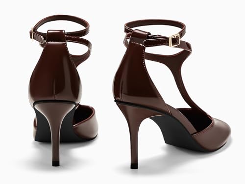 Women's Stiletto High Heels T-Strap Round Toe Ankle Buckle Strap Pumps Wedding Dress Shoes