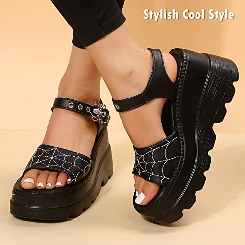 women black platform sandals goth chunky wedge heel summer sandals girls gothic punk platform sandals for women metallic spider