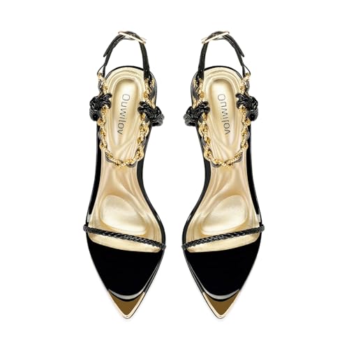 Women’s Black Stiletto Sandals with Gold Chain Ankle Strap — Open Toe Pointed Toe Heels for Wedding Party Evening Wear