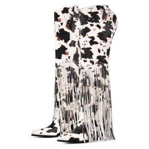Fringe Thigh High Boots with Tassels Wide Calf Over Knee Western Cowboy Boots
