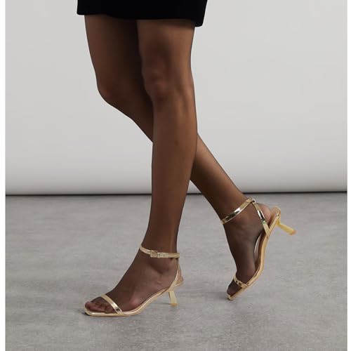 Gold Strappy Heels for Women Kitten Heel Sandals Open Square Toe Stiletto High Heels with Ankle Strap Comfort Dress Party Shoes