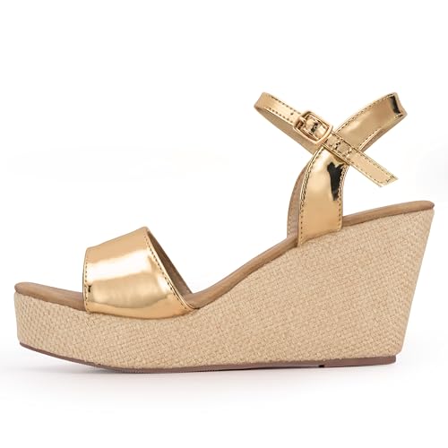 Ankle Strap Espadrille Platform Wedge Sandals for Women, Open Toe Wedge Heels for Women Dressy, Black/Gold