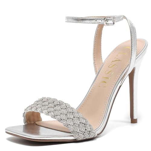 Women's Stiletto Heels, Crystal High Heels Rhinestone Silver Sandals Open Square Toe Ankle Strap Heels Strappy Dress Shoes for
