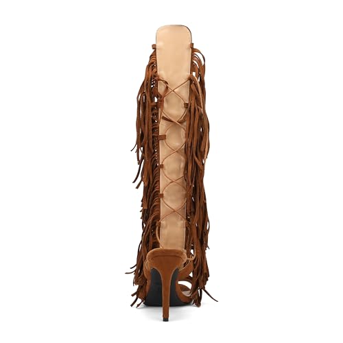 Gladiator Heels Knee High Sandals for Women Fringe Strappy High Heels Open Toe Tassels Lace up Boots Dressy Summer Shoes