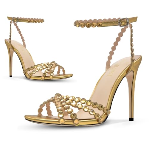 Rhinestone High Heels Stiletos Heels for Women Strappy Buckle Heels Round Toe Sexy Dressy Pumps Sandals