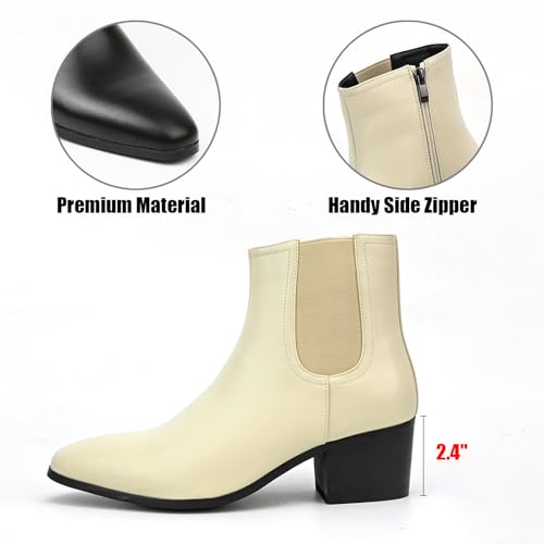 Classic High Heel Heighten Side Zipper Chelsea Boots For Men Leather Fashion Pointed Toe Chunky Block Heel Elastic Mid-Calf Slip