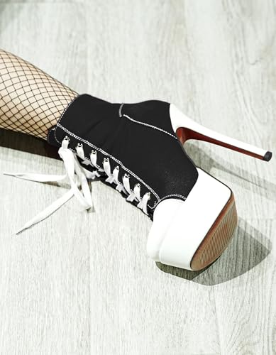 Women's Black Platform Ankle Boots Stiletto High Heel Short Boot Lace-Up Canvas Sneaker Booties Closed Round Toe Shoes with Side