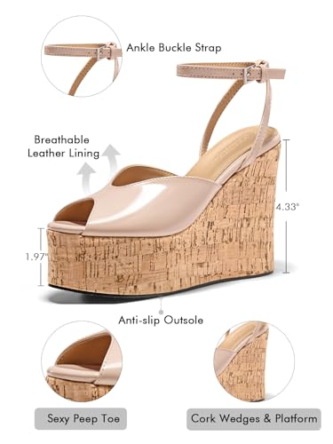 Womens Platform Wedge Sandals Cork Dressy Peep Toe Ankle Buckle Strap High Heels Summer Shoes