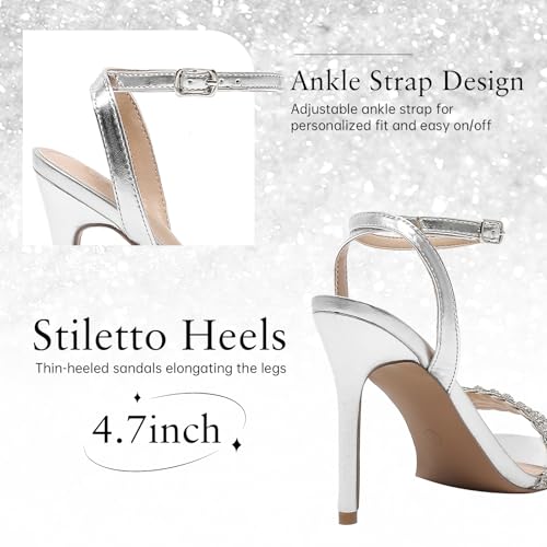 Women's Stiletto Heels, Crystal High Heels Rhinestone Silver Sandals Open Square Toe Ankle Strap Heels Strappy Dress Shoes for