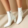 Womens Square Toe Ankle Booties Chunky Heel Boots Side Zipper Patent Leather Mid-Calf Boots