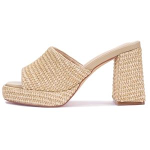 Raffia Heeled Sandals for Women，Platform Wedge Slip On Block Heel, Dressy Summer Open Toe Chunky High Heel Vacation Beach Slides