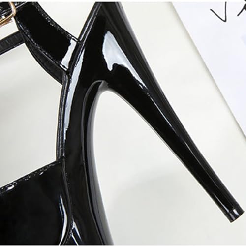 Women's Platform Stiletto Sandals, 6 Inch High Heel, Patent Black, Ankle Strap