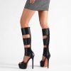 Platform Knee High Sandals for Women, Gladiator Open Toe Summer Boots Black Heels Sandal Booties, Sexy Style for Party, Black