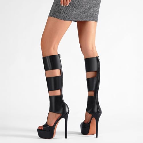 Platform Knee High Sandals for Women, Gladiator Open Toe Summer Boots Black Heels Sandal Booties, Sexy Style for Party, Black