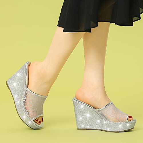 Women's Glitter Platform Heels Slide Wedge Sandals