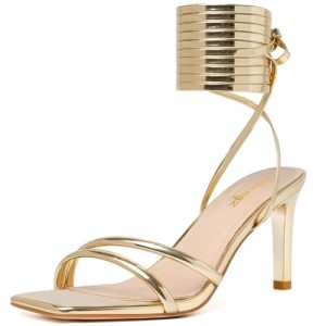 Strappy Heels for Women Square Open Toe Tie Up Sandals Ankle Strap Lace Up Stiletto High Heels Sexy for Wedding Prom Party