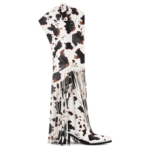 Fringe Thigh High Boots with Tassels Wide Calf Over Knee Western Cowboy Boots