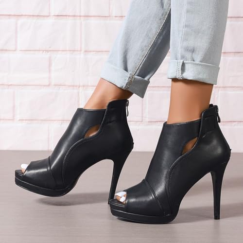 Open Toe Booties for Women Black High Stiletto Heels Open Toe Sexy Ankle Boot Fashion Heeled Sandals with Back Zipper, US Size