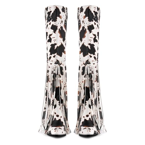 Fringe Thigh High Boots with Tassels Wide Calf Over Knee Western Cowboy Boots