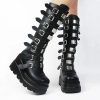 Women Platform Knee High Goth Boots Zip Round Toe Wedge Punk Mid Calf Boots Buckle Chunky High Heel Combat Boots