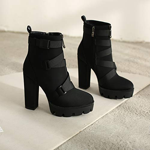 Women's Fashion Platform Block High Heel Booties Buckle Strap Zipper Ankle Boots