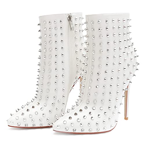 Women's Rhinestone Ankle Boots with Rivets Closed Pointed Toe Stilettos Autumn Warm Dress Booties