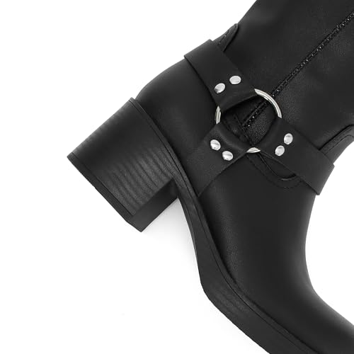 Women's Knee High Riding Boots Round Toe Block Heel Fashion Motorcycle Booties Side Zipper Wide Calf Biker Riding Boots with