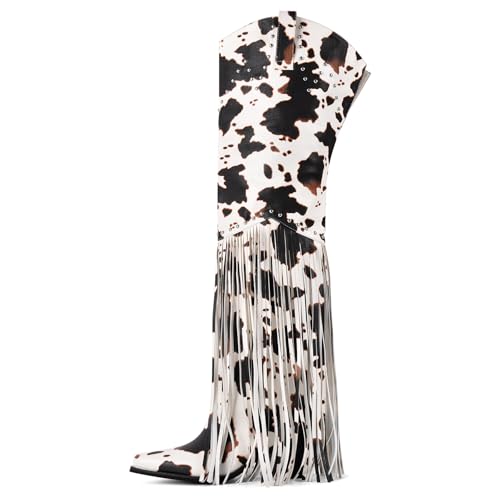 Fringe Thigh High Boots with Tassels Wide Calf Over Knee Western Cowboy Boots