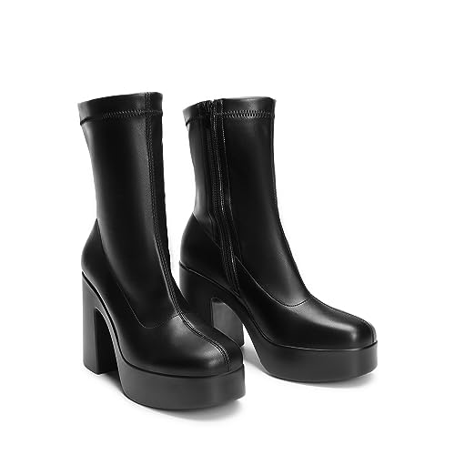 Women's Platform Gogo Ankle Boots High Chunky Block Heel Square Toe Booties Shoes