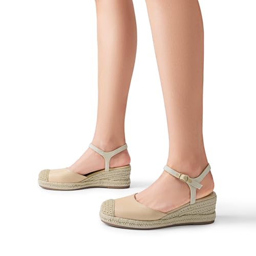 Women's Wedge Sandals, Closed Toe Espadrilles Platform Wedge Heels with Adjustable Ankle Straps and Comfortable Cushion Insoles