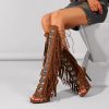 Gladiator Heels Knee High Sandals for Women Fringe Strappy High Heels Open Toe Tassels Lace up Boots Dressy Summer Shoes