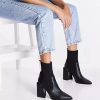 Womens Chunky Stacked Heel Ankle Boots Pointed Toe Booties Slip On Ribbed Knit Sock Boot