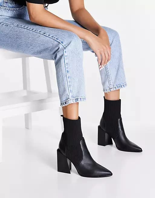 Womens Chunky Stacked Heel Ankle Boots Pointed Toe Booties Slip On Ribbed Knit Sock Boot