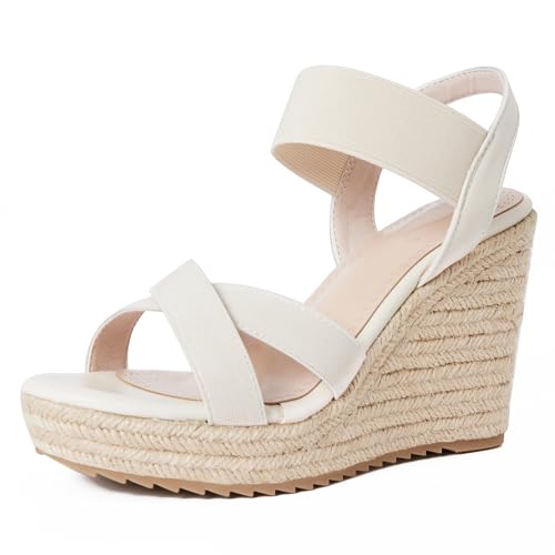 Women's Open Toe Espadrilles Wedge Sandal Slip On Elastic Ankle Strap Platform Sandals Dressy Comfortable Wedges Shoe