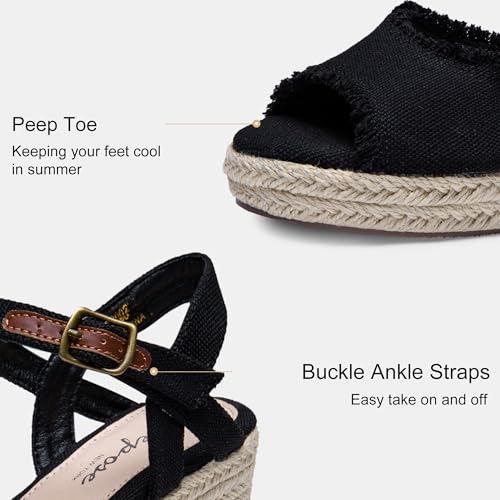 Women's 880 Wedge Sandals Peep Toe, 3.3" Inch High Heel Platform Espadrilles Sandals with Ankle Buckle
