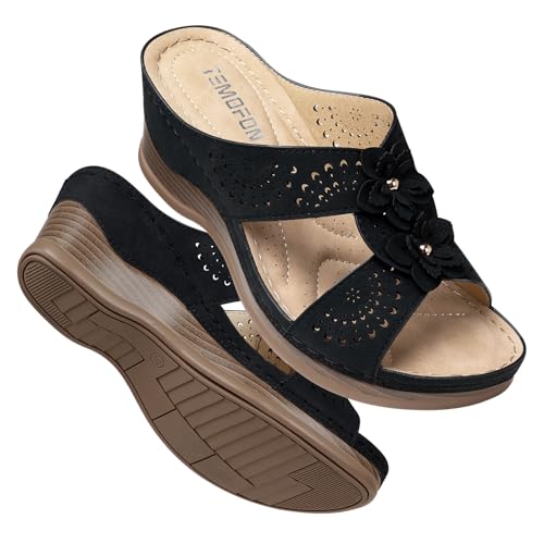 Womens Wedge Sandals Leather: Dressy Sandal, Rubber Sole, Comfortable Walking, Casual Slip on Summer Shoes, Size 5-11