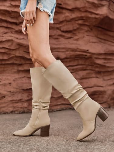 Womens Pointed Toe Mid Chunky Heel Side Zipper Knee High Boots Tall Booties